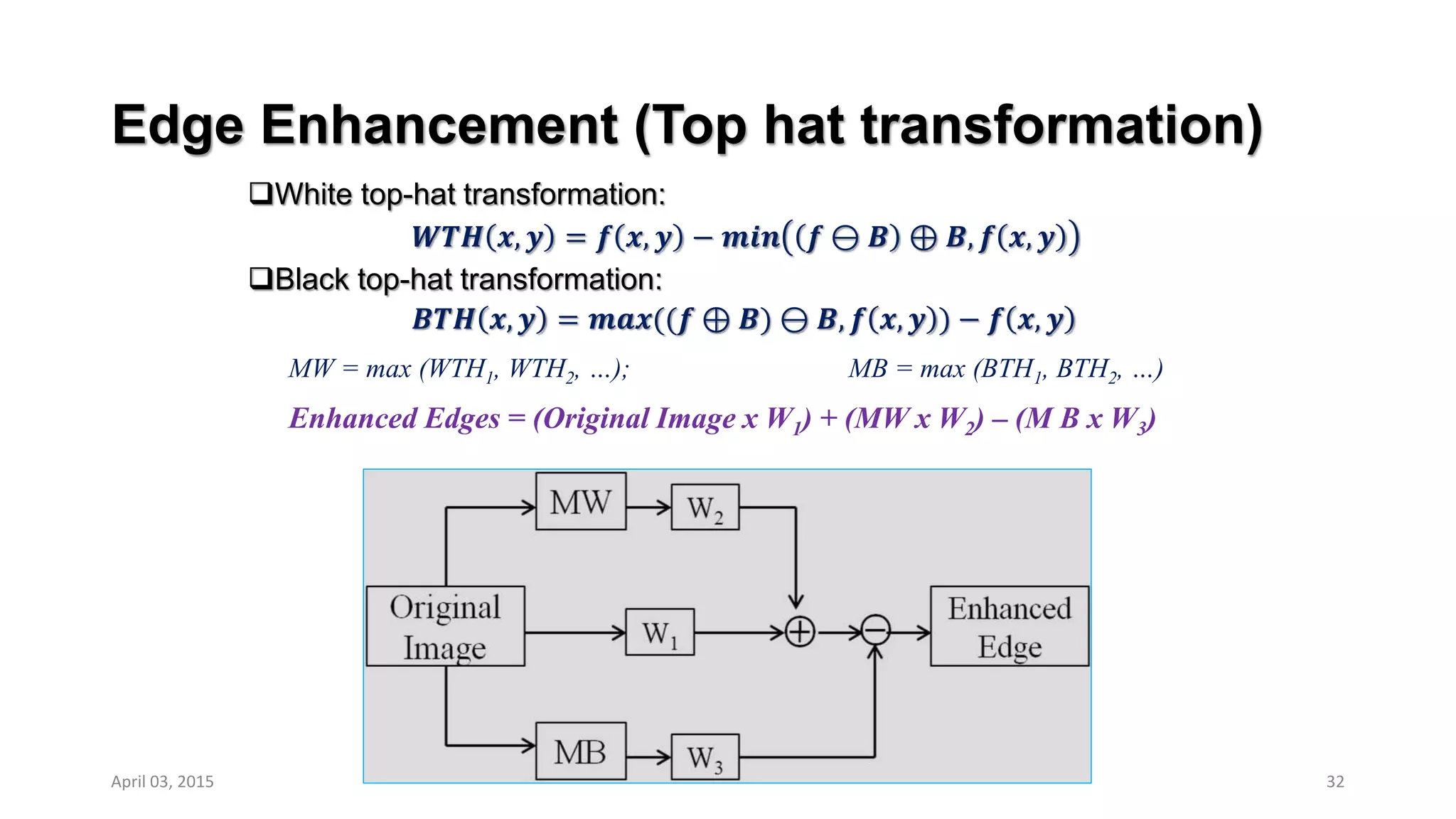 Edge Enhancement (Top hat transformation)
White top-hat transformation:
𝑾𝑻𝑯 𝒙, 𝒚 = 𝒇 𝒙, 𝒚 − 𝒎𝒊𝒏 𝒇 ⊖ 𝑩 ⊕ 𝑩, 𝒇 𝒙, 𝒚
Black top-hat transformation:
𝑩𝑻𝑯 𝒙, 𝒚 = 𝒎𝒂𝒙((𝒇 ⊕ 𝑩) ⊖ 𝑩, 𝒇 𝒙, 𝒚 ) − 𝒇 𝒙, 𝒚
32
MW = max (WTH1, WTH2, …); MB = max (BTH1, BTH2, …)
Enhanced Edges = (Original Image x W1) + (MW x W2) – (M B x W3)
April 03, 2015
 
