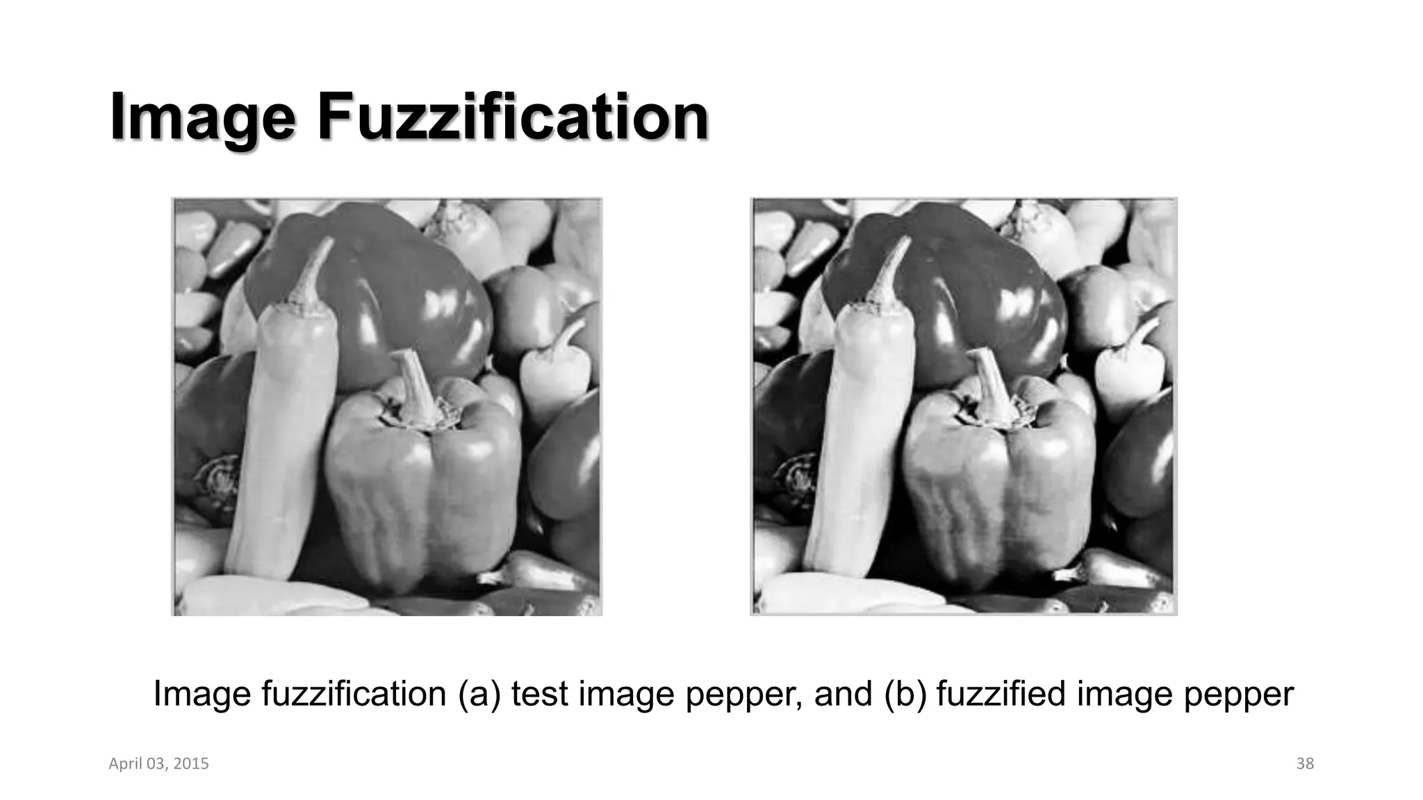 Image Fuzzification
38
Image fuzzification (a) test image pepper, and (b) fuzzified image pepper
April 03, 2015
 