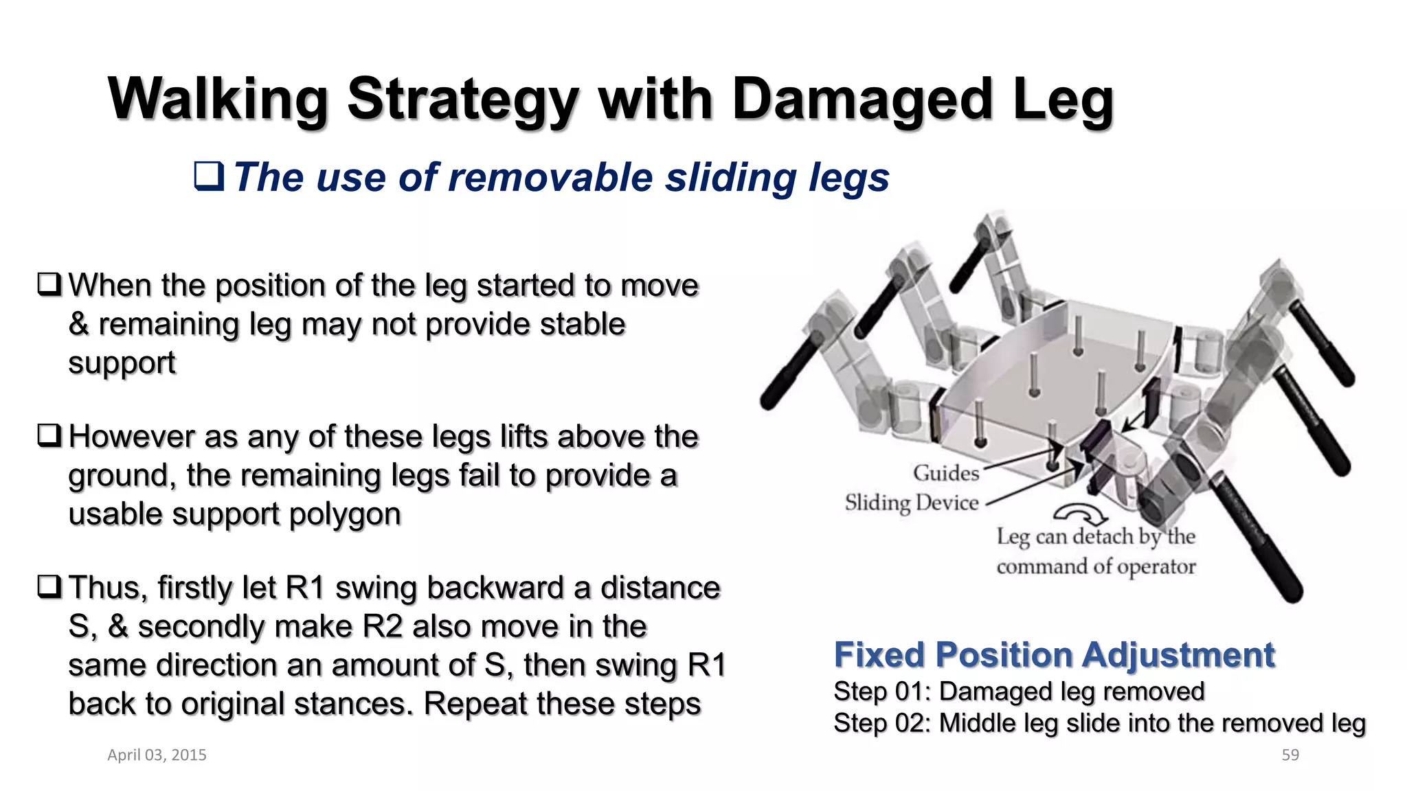 Walking Strategy with Damaged Leg
The use of removable sliding legs
59
Fixed Position Adjustment
Step 01: Damaged leg removed
Step 02: Middle leg slide into the removed leg
When the position of the leg started to move
& remaining leg may not provide stable
support
However as any of these legs lifts above the
ground, the remaining legs fail to provide a
usable support polygon
Thus, firstly let R1 swing backward a distance
S, & secondly make R2 also move in the
same direction an amount of S, then swing R1
back to original stances. Repeat these steps
April 03, 2015
 