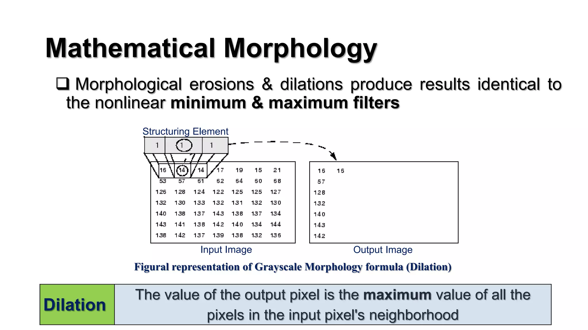 Mathematical Morphology
 Morphological erosions & dilations produce results identical to
the nonlinear minimum & maximum filters
7
Figural representation of Grayscale Morphology formula (Dilation)
Dilation
The value of the output pixel is the maximum value of all the
pixels in the input pixel's neighborhood
Structuring Element
Input Image Output Image
 