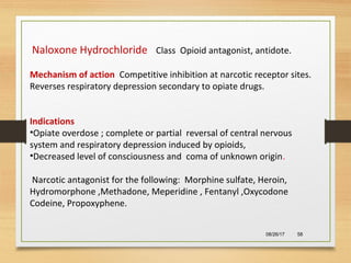 08/26/17 58
Naloxone Hydrochloride Class Opioid antagonist, antidote.
Mechanism of action Competitive inhibition at narcotic receptor sites.
Reverses respiratory depression secondary to opiate drugs.
Indications
•Opiate overdose ; complete or partial reversal of central nervous
system and respiratory depression induced by opioids,
•Decreased level of consciousness and coma of unknown origin.
Narcotic antagonist for the following: Morphine sulfate, Heroin,
Hydromorphone ,Methadone, Meperidine , Fentanyl ,Oxycodone
Codeine, Propoxyphene.
 