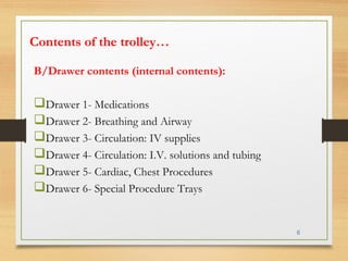6
Contents of the trolley…
B/Drawer contents (internal contents): 
Drawer 1- Medications
Drawer 2- Breathing and Airway
Drawer 3- Circulation: IV supplies
Drawer 4- Circulation: I.V. solutions and tubing
Drawer 5- Cardiac, Chest Procedures
Drawer 6- Special Procedure Trays
 