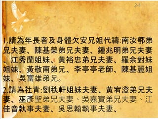 1.請為年長者及身體欠安兄姐代禱:南汝鄂弟
兄夫妻、陳基榮弟兄夫妻、鍾兆明弟兄夫妻
、江秀蘭姐妹、黃裕忠弟兄夫妻、羅余對妹
姐妹、黃敬南弟兄、李亭亭老師、陳基麗姐
妹、吳富雄弟兄。
2.請為社青:劉秩軒姐妹夫妻、黃宥澄弟兄夫
妻、巫彥聖弟兄夫妻、吳嘉寶弟兄夫妻、江
佳音執事夫妻、吳思翰執事夫妻、
2-1
 