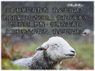 詩篇23篇(華) 3-1
主耶和華是我牧者，我必不致缺乏；
祂使我躺臥在青草地上 領我在溪水旁，
祂使我的靈甦醒，領導我走義路，
主耶和華是我牧者，我必不致缺乏。
 