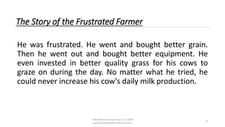 Individual results will vary. (c) 2018
www.OnlineMLMCommunity.com
4
The Story of the Frustrated Farmer
He was frustrated. He went and bought better grain.
Then he went out and bought better equipment. He
even invested in better quality grass for his cows to
graze on during the day. No matter what he tried, he
could never increase his cow's daily milk production.
 