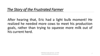 Individual results will vary. (c) 2018
www.OnlineMLMCommunity.com
7
The Story of the Frustrated Farmer
After hearing that, Eric had a light bulb moment! He
realized he needed more cows to meet his production
goals, rather than trying to squeeze more milk out of
his current herd.
 