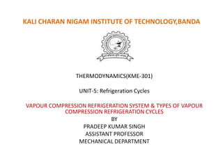 KALI CHARAN NIGAM INSTITUTE OF TECHNOLOGY,BANDA
THERMODYNAMICS(KME-301)
UNIT-5: Refrigeration Cycles
VAPOUR COMPRESSION REFRIGERATION SYSTEM & TYPES OF VAPOUR
COMPRESSION REFRIGERATION CYCLES
BY
PRADEEP KUMAR SINGH
ASSISTANT PROFESSOR
MECHANICAL DEPARTMENT
 