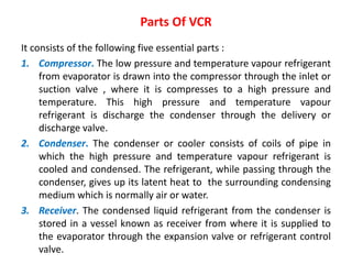 Parts Of VCR
It consists of the following five essential parts :
1. Compressor. The low pressure and temperature vapour refrigerant
from evaporator is drawn into the compressor through the inlet or
suction valve , where it is compresses to a high pressure and
temperature. This high pressure and temperature vapour
refrigerant is discharge the condenser through the delivery or
discharge valve.
2. Condenser. The condenser or cooler consists of coils of pipe in
which the high pressure and temperature vapour refrigerant is
cooled and condensed. The refrigerant, while passing through the
condenser, gives up its latent heat to the surrounding condensing
medium which is normally air or water.
3. Receiver. The condensed liquid refrigerant from the condenser is
stored in a vessel known as receiver from where it is supplied to
the evaporator through the expansion valve or refrigerant control
valve.
 