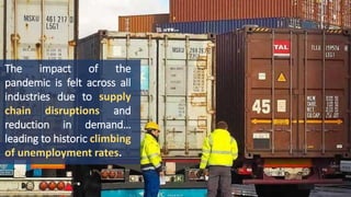The impact of the
pandemic is felt across all
industries due to supply
chain disruptions and
reduction in demand…
leading to historic climbing
of unemployment rates.
 