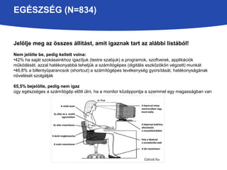 EGÉSZSÉG (N=834) 
Jelölje meg az összes állítást, amit igaznak tart az alábbi listából! 
Nem jelölte be, pedig kellett volna: 
•42% ha saját szokásainkhoz igazítjuk (testre szabjuk) a programok, szoftverek, applikációk 
működését, azzal hatékonyabbá tehetjük a számítógépes (digitális eszközökön végzett) munkát 
•46,8% a billentyűparancsok (shortcut) a számítógépes tevékenység gyorsítását, hatékonyságának 
növelését szolgálják 
65,5% bejelölte, pedig nem igaz 
úgy egészséges a számítógép előtt ülni, ha a monitor középpontja a szemmel egy magasságban van 
Cotcot.hu 
 