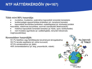 NTF HÁTTÉRKÉRDŐÍV (N=167) 
Több mint 90% használja: 
● munkához, hivatáshoz, szakmához kapcsolódó ismeretek keresésére 
● tevékenységek egyszerűsítése érdekében (pl. menetrend keresés) 
● kapcsolatok fenntartása barátokkal, családtagokkal (pl. közösségi portálok 
használata, videóhívás bonyolítása, azonnali üzenetküldő alkalmazások) 
● hobbihoz kapcsolódó ismeretek keresése (pl. főzés, sport, kertészkedés) 
● nem hivatalos ügyintézés (pl. szállásfoglalás, könyvtári kölcsönzés 
meghosszabbítása) 
Kevesebben használják: 
•61,7% felsőfokú vagy felnőttképzési tanulmányok támogatásához 
•55,7% tanulás segítésére (pl. online kurzusok) 
•57,5% szórakozáshoz (pl. játék) 
•49% Ismeretátadáshoz (pl. blog, prezentációk, videók) 
 