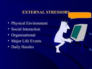 EXTERNAL STRESSORS
• Physical Environment
• Social Interaction
• Organisational
• Major Life Events
• Daily Hassles
 