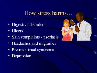 How stress harms…
• Digestive disorders
• Ulcers
• Skin complaints - psoriasis
• Headaches and migraines
• Pre-menstrual syndrome
• Depression
 