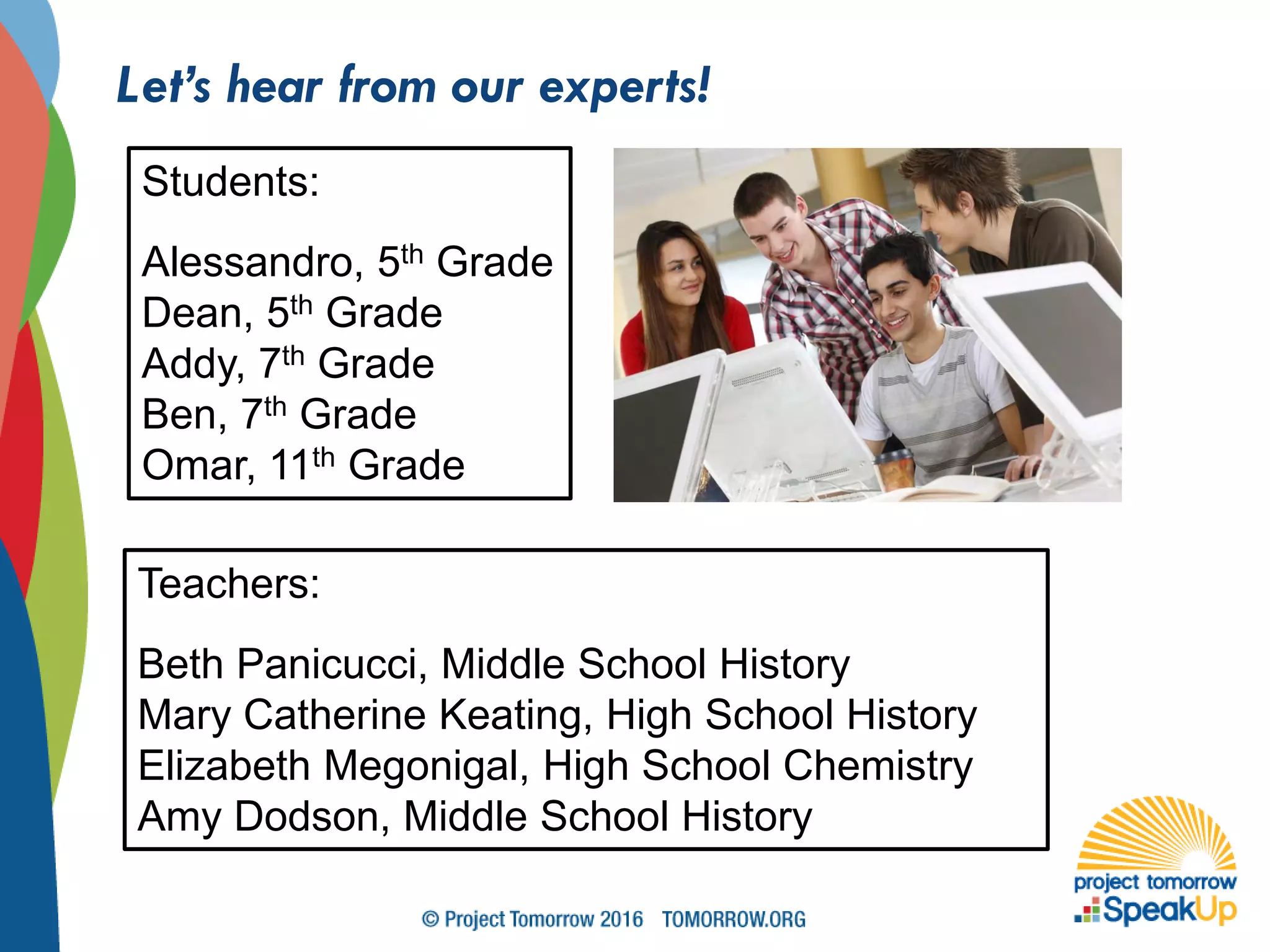 Let’s hear from our experts!
Students:
Alessandro, 5th Grade
Dean, 5th Grade
Addy, 7th Grade
Ben, 7th Grade
Omar, 11th Grade
Teachers:
Beth Panicucci, Middle School History
Mary Catherine Keating, High School History
Elizabeth Megonigal, High School Chemistry
Amy Dodson, Middle School History
 