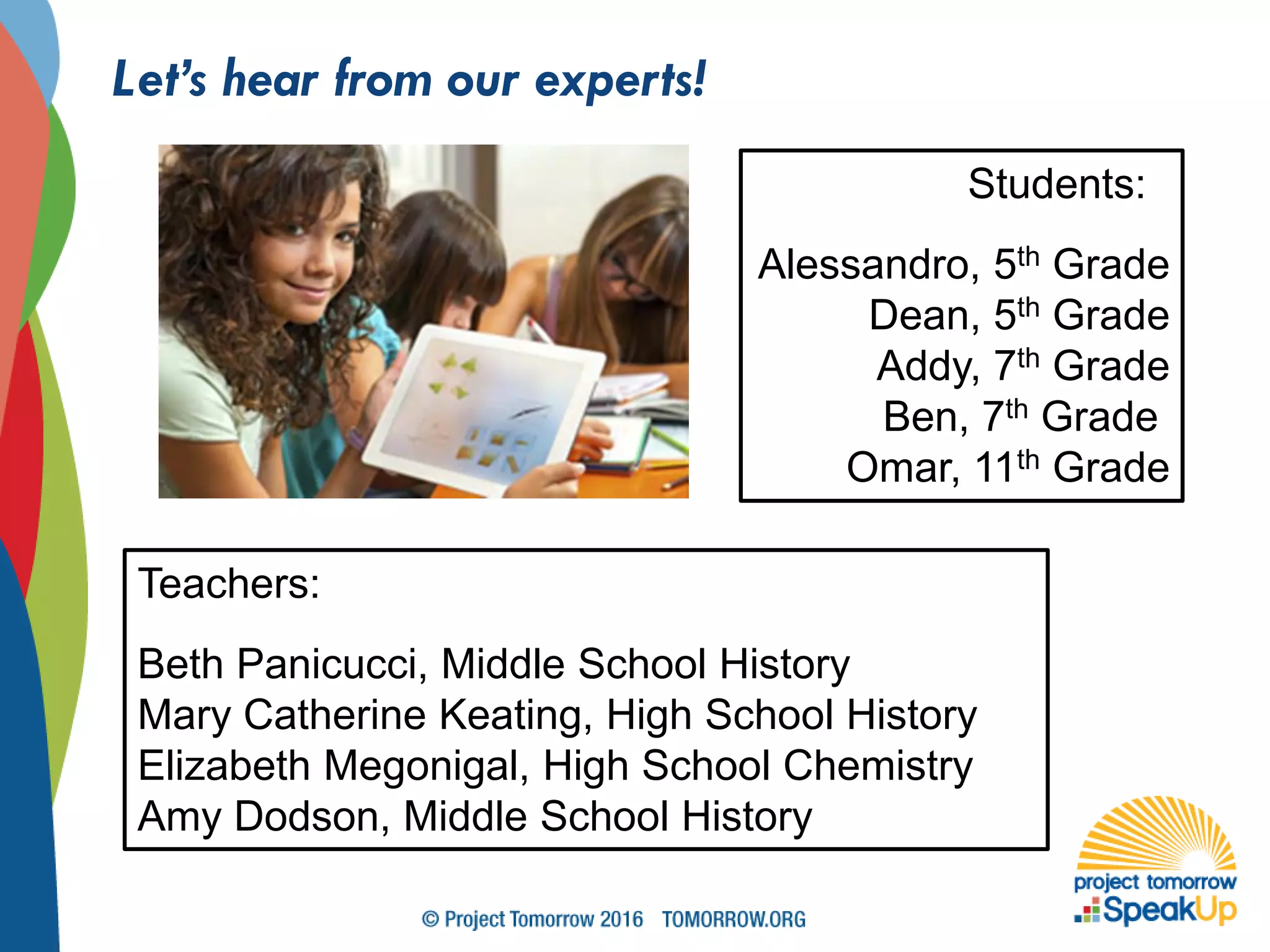 Let’s hear from our experts!
Students:
Alessandro, 5th Grade
Dean, 5th Grade
Addy, 7th Grade
Ben, 7th Grade
Omar, 11th Grade
Teachers:
Beth Panicucci, Middle School History
Mary Catherine Keating, High School History
Elizabeth Megonigal, High School Chemistry
Amy Dodson, Middle School History
 