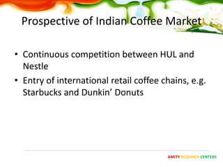 Prospective of Indian Coffee Market

• Continuous competition between HUL and
  Nestle
• Entry of international retail coffee chains, e.g.
  Starbucks and Dunkin’ Donuts




                                        AMITY RESEARCH CENTERS
 