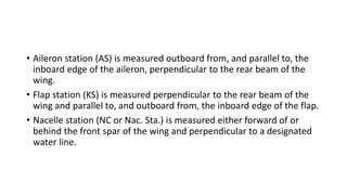 • Aileron station (AS) is measured outboard from, and parallel to, the
inboard edge of the aileron, perpendicular to the rear beam of the
wing.
• Flap station (KS) is measured perpendicular to the rear beam of the
wing and parallel to, and outboard from, the inboard edge of the flap.
• Nacelle station (NC or Nac. Sta.) is measured either forward of or
behind the front spar of the wing and perpendicular to a designated
water line.
 