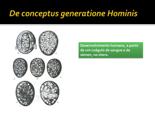 Desenvolvimento humano, a partir
de um coágulo de sangue e de
sémen, no útero.
 