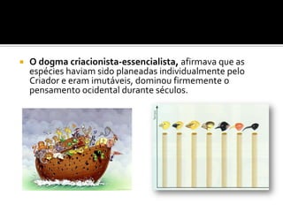    O dogma criacionista-essencialista, afirmava que as
    espécies haviam sido planeadas individualmente pelo
    Criador e eram imutáveis, dominou firmemente o
    pensamento ocidental durante séculos.
 