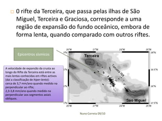     0 rifte da Terceira, que passa pelas ilhas de São
        Miguel, Terceira e Graciosa, corresponde a uma
        região de expansão do fundo oceânico, embora de
        forma lenta, quando comparado com outros riftes.

         Epicentros sísmicos


A velocidade de expansão da crusta ao
longo do Rifte da Terceira está entre as
mais lentas conhecidas em riftes activos
(daí a classificação de hiper-lento):
cerca de 3,7 mm/ano quando medido na
perpendicular ao rifte;
2,3-3,8 mm/ano quando medido na
perpendicular aos segmentos axiais
oblíquos.



                                           Nuno Correia 09/10
 