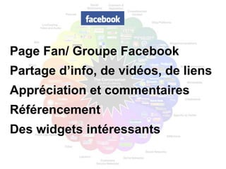 Page Fan/ Groupe Facebook
Partage d’info, de vidéos, de liens
Appréciation et commentaires
Référencement
Des widgets intéressants
 