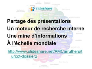 Partage des présentations
Un moteur de recherche interne
Une mine d’informations
À l’échelle mondiale
http://www.slideshare.net/AMCarruthers/t
  urcot-dossier2
 