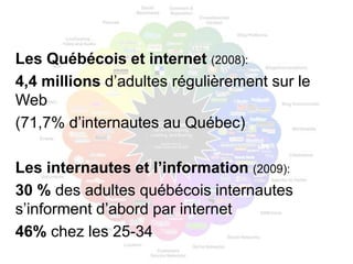Les Québécois et internet (2008):
4,4 millions d’adultes régulièrement sur le
Web
(71,7% d’internautes au Québec)

Les internautes et l’information (2009):
30 % des adultes québécois internautes
s’informent d’abord par internet
46% chez les 25-34
 