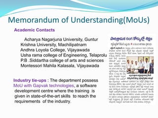 Memorandum of Understanding(MoUs)
Academic Contacts
Acharya Nagarjuna University, Guntur
Krishna University, Machilipatnam
Andhra Loyola College, Vijayawada
Usha rama college of Engineering, Telaprolu
P.B .Siddartha college of arts and sciences
Montessori Mahila Kalasala, Vijayawada
Industry tie-ups : The department possess
MoU with Gapvak technologies, a software
development centre where the training is
given in state-of-the-art skills to reach the
requirements of the industry.
 