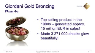 Giordani Gold Bronzing
Pearls
               • Top selling product in the
                 1990s – generated approx.
                 15 million EUR in sales!
               • Made 3 271 000 cheeks glow
                 beautifully!


2012-01-31   Copyright ©2012 by Oriflame Cosmetics SA   18
 