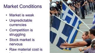 Market Conditions
• Market is weak
• Unpredictable
  currencies
• Competition is
  struggling
• Stock market is
  nervous
• Raw material cost is
 