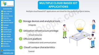 4
Integrate
MULTIPLE CLOUD BASED IOT
APPLICATIONS
Multiple cloud based IOT applications are listed for the students projects below,
1 Storage devices and analytical tools
2 Utilization infrastructure privilege
Virtual resources
3 Efficient platform
Collaboration and communication
4 Cloud’s unique characteristics
Control