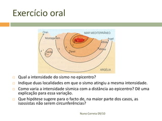 Exercício oral




   Qual a intensidade do sismo no epicentro?
   Indique duas localidades em que o sismo atingiu a mesma intensidade.
   Como varia a intensidade sísmica com a distância ao epicentro? Dê uma
    explicação para essa variação.
   Que hipótese sugere para o facto de, na maior parte dos casos, as
    isossistas não serem circunferências?

                                    Nuno Correia 09/10
 