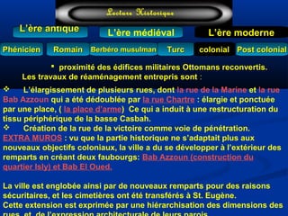 L’ère médiéval
TurcTurc
L’ère antiqueL’ère antique
Lecture Historique
L’ère moderne
Berbéro musulmanBerbéro musulmanRomainRomain colonialcolonial Post colonialPost colonialPhénicienPhénicien
 L’élargissement de plusieurs rues, dont la rue de la Marine et la rue
Bab Azzoun qui a été dédoublée par la rue Chartre : élargie et ponctuée
par une place, ( la place d’arme) Ce qui a induit à une restructuration du
tissu périphérique de la basse Casbah.
 Création de la rue de la victoire comme voie de pénétration.
EXTRA MUROS : vu que la partie historique ne s’adaptait plus aux
nouveaux objectifs coloniaux, la ville a du se développer à l’extérieur des
remparts en créant deux faubourgs: Bab Azzoun (construction du
quartier Isly) et Bab El Oued.
La ville est englobée ainsi par de nouveaux remparts pour des raisons
sécuritaires, et les cimetières ont été transférés à St. Eugène.
Cette extension est exprimée par une hiérarchisation des dimensions des
 proximité des édifices militaires Ottomans reconvertis.
Les travaux de réaménagement entrepris sont :
 