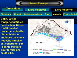 L’ère médiéval
TurcTurc
L’ère antiqueL’ère antique
Lecture Historique
L’ère moderne
Berbéro musulmanBerbéro musulmanRomainRomain colonialcolonial Post colonialPost colonialPhénicienPhénicien
RESTRUCTURE
TISSU
NORD
REMPART
TISSU PRE
COLONIAL
BOULEVARD
FRONT DE MER
TISSU
COLONIAL 1830-1846
PLACES
BOULEVARD
rue de la Victoire
Enfin, la ville
d’Alger constituée
de ces deux tissus
traditionnel et
moderne, articulés,
hiérarchisés et
englobés dans une
nouvelle muraille
est construite par
le génie militaire
pour former une
seule ville.
 