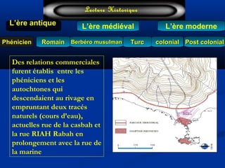 L’ère médiéval
TurcTurc
L’ère antiqueL’ère antique
Lecture Historique
L’ère moderne
Berbéro musulmanBerbéro musulmanRomainRomain colonialcolonial Post colonialPost colonialPhénicienPhénicien
Des relations commerciales
furent établis entre les
phéniciens et les
autochtones qui
descendaient au rivage en
empruntant deux tracés
naturels (cours d’eau),
actuelles rue de la casbah et
la rue RIAH Rabah en
prolongement avec la rue de
la marine
 