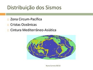 Distribuição dos Sismos
   Zona Circum-Pacífica
   Cristas Oceânicas
   Cintura Mediterrâneo-Asiática




                          Nuno Correia 09/10
 