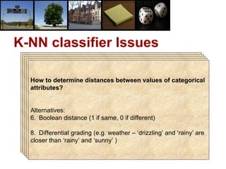 K-NN classifier Issues How good is it? Susceptible to noisy values  Slow because of distance calculation Alternate approaches: Distances to representative points only Partial distance Any other modifications? Alternatives: Weighted attributes to decide final label Assign distance to missing values as <max> K=1 returns class label of nearest neighbour How to determine value of K? Alternatives: Determine K experimentally. The K that gives minimum error is selected. How to make real-valued prediction? Alternative: Average the values returned by K-nearest neighbours How to determine distances between values of categorical  attributes? Alternatives: Boolean distance (1 if same, 0 if different) Differential grading (e.g. weather – ‘drizzling’ and ‘rainy’ are  closer than ‘rainy’ and ‘sunny’ ) 