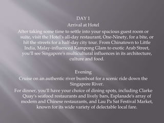 DAY 1
Arrival at Hotel
After taking some time to settle into your spacious guest room or
suite, visit the Hotel's all-day restaurant, One-Ninety, for a bite, or
hit the streets for a half-day city tour. From Chinatown to Little
India, Malay-influenced Kampong Glam to exotic Arab Street,
you'll see Singapore's multicultural influences in its architecture,
culture and food.
Evening
Cruise on an authentic river bumboat for a scenic ride down the
Singapore River.
For dinner, you'll have your choice of dining spots, including Clarke
Quay's seafood restaurants and lively bars, Esplanade's array of
modern and Chinese restaurants, and Lau Pa Sat Festival Market,
known for its wide variety of delectable local fare.
 