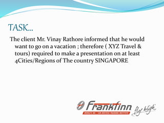TASK…
The client Mr. Vinay Rathore informed that he would
want to go on a vacation ; therefore ( XYZ Travel &
tours) required to make a presentation on at least
4Cities/Regions of The country SINGAPORE
 