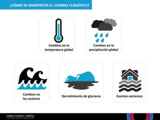 Cambios en la
precipitación global
Cambios en la
temperatura global
Cambios en
los océanos
Derretimiento de glaciares Eventos extremos
¿CÓMO SE MANIFIESTA EL CAMBIO CLIMÁTICO?
 