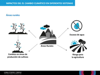Áreas rurales
Escasez de agua
Riesgo para
la agricultura
Áreas Rurales
Cambios en áreas de
producción de cultivos
IMPACTOS DEL EL CAMBIO CLIMÁTICO EN DIFERENTES SISTEMAS
 