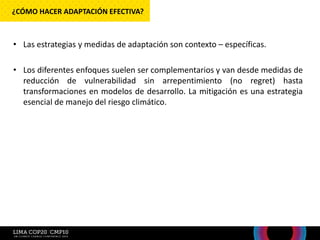 • Las estrategias y medidas de adaptación son contexto – específicas.
• Los diferentes enfoques suelen ser complementarios y van desde medidas de
reducción de vulnerabilidad sin arrepentimiento (no regret) hasta
transformaciones en modelos de desarrollo. La mitigación es una estrategia
esencial de manejo del riesgo climático.
¿CÓMO HACER ADAPTACIÓN EFECTIVA?
 