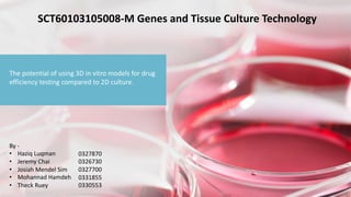 SCT60103105008-M Genes and Tissue Culture Technology
By -
• Haziq Luqman
• Jeremy Chai
• Josiah Mendel Sim
• Mohannad Hamdeh
• Theck Ruey
The potential of using 3D in vitro models for drug
efficiency testing compared to 2D culture.
0327870
0326730
0327700
0331855
0330553
 