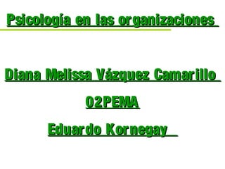 Psicología en las organizaciones


Diana Melissa Vázquez Camarillo
            02PEMA
      Eduardo Kornegay
 