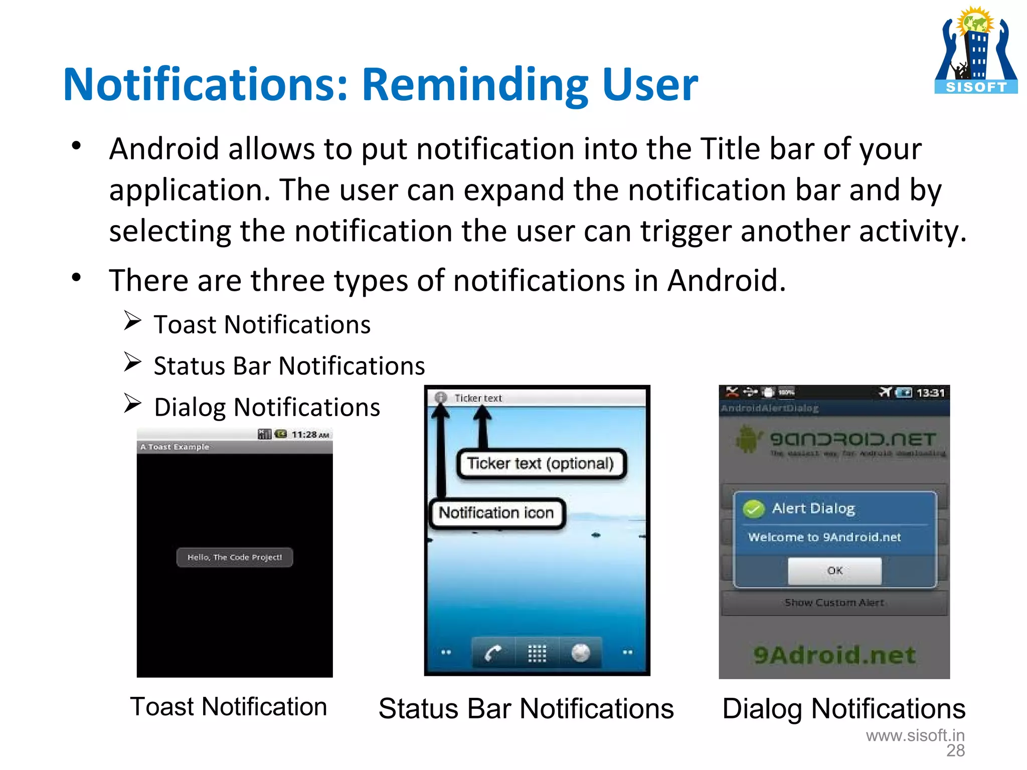 Notifications: Reminding User • Android allows to put notification into the Title bar of your application. The user can expand the notification bar and by selecting the notification the user can trigger another activity. • There are three types of notifications in Android.  Toast Notifications  Status Bar Notifications  Dialog Notifications Toast Notification Status Bar Notifications Dialog Notifications www.sisoft.in 28 