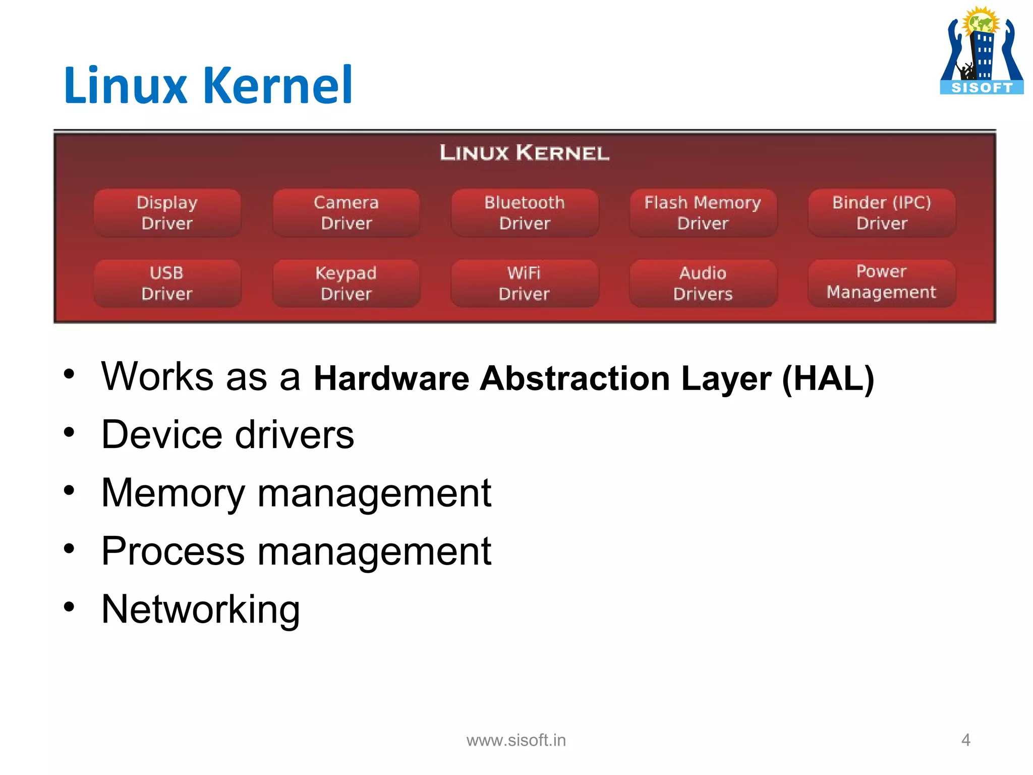 Linux Kernel • • • • • Works as a Hardware Abstraction Layer (HAL) Device drivers Memory management Process management Networking www.sisoft.in 4 