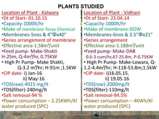 PLANTS STUDIED
Location of Plant - Vidhani
•Dt of Start- 23.04.14
•Capacity-1000lt/hr
•Make of membrane-DOW
•Membranes-6nos & 2.5”Φx21”
•Series arrangement
•Effective area-1.189m²/unit
•Feed pump- Make-DAB
0.6-3 cum/hr,47-25.8m, P-0.75KW
• High Pr Pump- Make-Lowara, Q-
1.2-4.4m³/hr; H-118-53.8m;1.5kW
•CIP date- i)16.05.15.
ii) 19.05.16
•TDS(raw)-2000mg/lt
•TDS(filter)-110mg/lt
•Salt removal-94.5%
•Power consumption – 4KWh/Kl
water produced (SPC)
Location of Plant - Kalwara
•Dt of Start- 01.10.15
•Capacity-1000lt/hr
•Make of membrane-Toray Chemical
•Membranes-5nos & 4”Φx40”
•Series arrangement of membrane
•Effective area-1.58m²/unit
•Feed pump- Make-Shakti
H-25m, Q-4m³/hr, 0.75KW
• High Pr Pump- Make Shakti,
Q-3.2 m³/hr; H-91m ;1.5KW
•CIP date- i) Jan-16
ii) May-16
•TDS(raw)-4015 mg/lt
•TDS(filter)-240mg/lt
•Salt removal-94 %
•Power consumption – 2.25KWh/Kl
water produced (SPC)
2
 