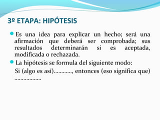 3º ETAPA: HIPÓTESIS
Es una idea para explicar un hecho; será una
afirmación que deberá ser comprobada; sus
resultados determinarán si es aceptada,
modificada o rechazada.
La hipótesis se formula del siguiente modo:
Si (algo es así)…………, entonces (eso significa que)
………………
 