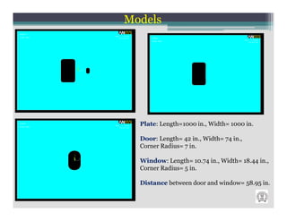 Models




  Plate: Length=1000 in., Width= 1000 in.

  Door: Length= 42 in., Width= 74 in.,
  Corner Radius= 7 in.

  Window: Length= 10.74 in., Width= 18.44 in.,
  Corner Radius= 5 in.

  Distance between door and window= 58.95 in.
 