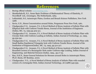 References
1. Boeing official website: www.boeing.com.
2. Muskhelishvili, N.I., Some Basic Problems of Mathematical Theory of Elasticity, P.
    Noordhoff Ltd., Groningen, The Netherlands, 1963.
3. Lekhnitskii, S.G, Anisotropic Plates, Gordon and Breach Science Publishers, New York
    1968.
4. Savin, G.N., Stress Concentration around Holes, Pergamom Press New York, 1961.
5. Ukadgaonker,V.G, Awasare, P.J, A Novel Method of Stress Analysis of Infinite Plate with
    Elliptical Hole with Uniform Tensile Stress, Journal of the Institution of Engineers
    (India), MC, 73, 1993 pp.309-311.
6. Ukadgaonker,V.G, Awasare, P.J, A Novel Method of Stress Analysis of Infinite Plate with
    Circular Hole with Uniform Loading at Infinity, Indian Journal of Technology, 31, 1993,
    pp.539-541.
7. Ukadgaonker,V.G, Awasare, P.J, A Novel Method of Stress Analysis of Infinite Plate with
    Small Radius Equilateral Triangular hole with Uniform Tensile Stress, Journal of the
    Institution of Engineers(India), MC, 73, 1993, pp.312-317.
8. Ukadgaonker,V.G, Awasare, P.J, A Novel Method of Stress Analysis of Infinite Plate with
    Rounded Corners of a Rectangular Hole under Uniform edge Loading, Indian Journal of
    Engineering and Material Sciences (India), 1994, pp.17-25.
9. Rao, D.K.N., Some General Solutions for Stresses around Holes in Anisotropic Plates,
    Ph.D. thesis, IIT Bombay, 2000.
10. Ukadgaonker, V.G., A Novel Method of Stress Analysis of Infinite Plate with rounded
    corners of a rectangular Hole, Indian Journal Technology, 26 (1988) 549-559.
 